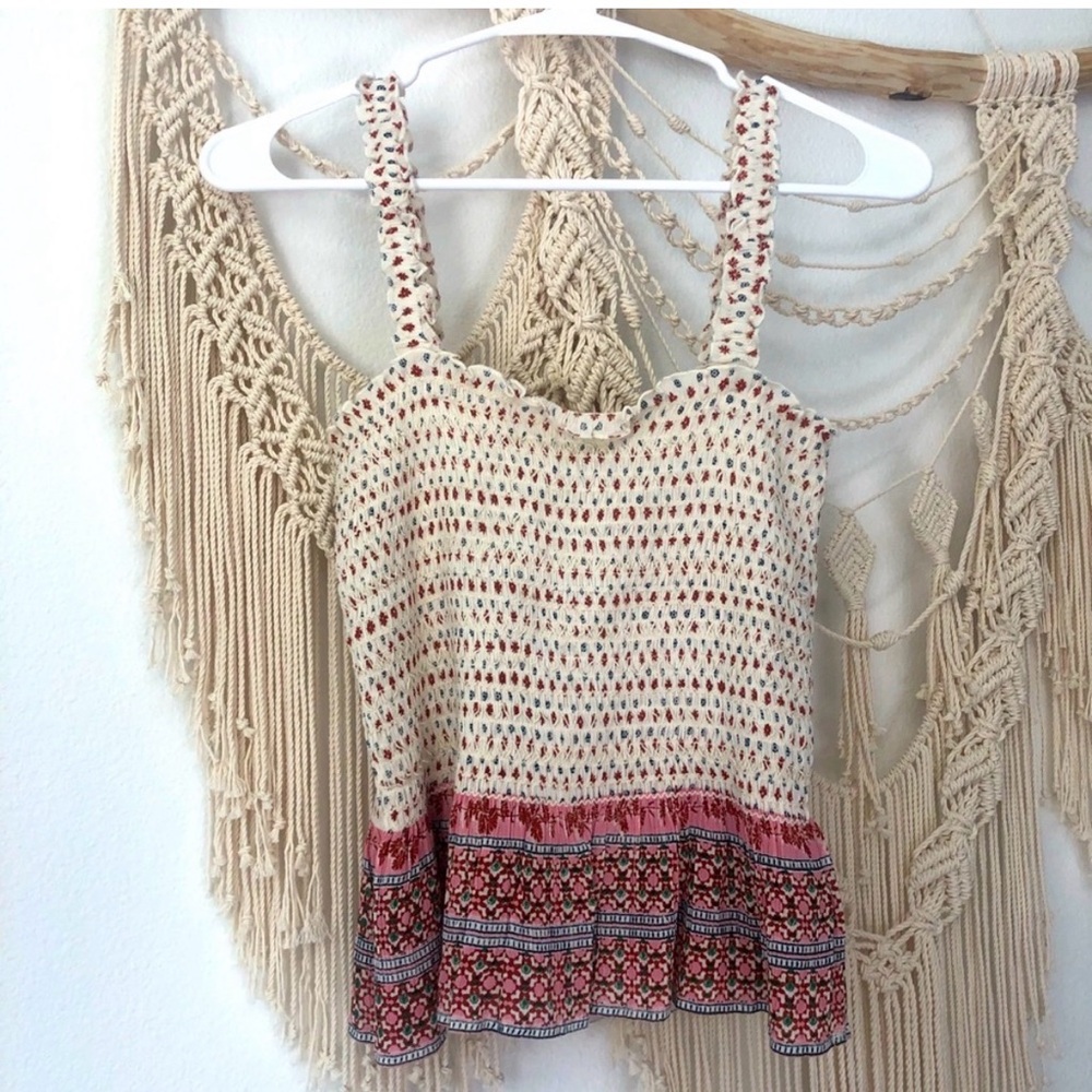 Patrons of Peace Cream Smocked Floral Camisole with Red Patterned Hem Sz M
